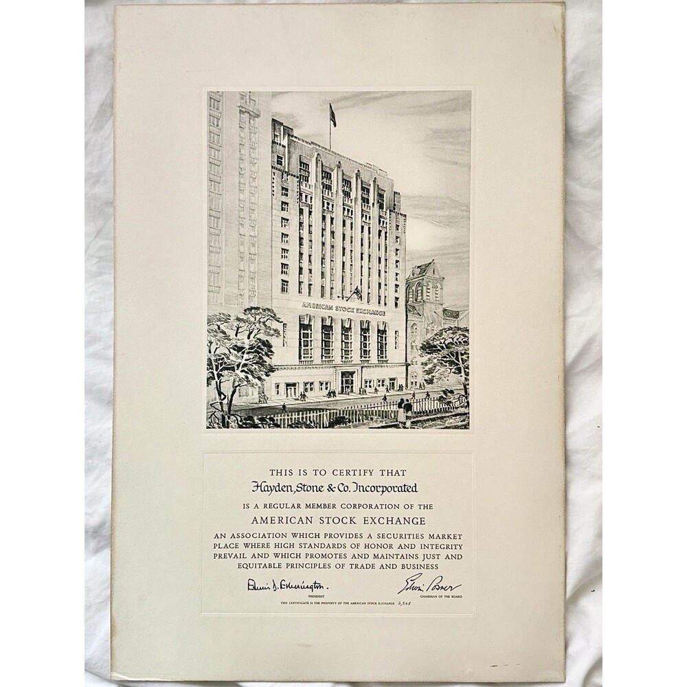 VNTG AMEX American Stock Exchange Membership Certificate 60s Hayden Stone #2568